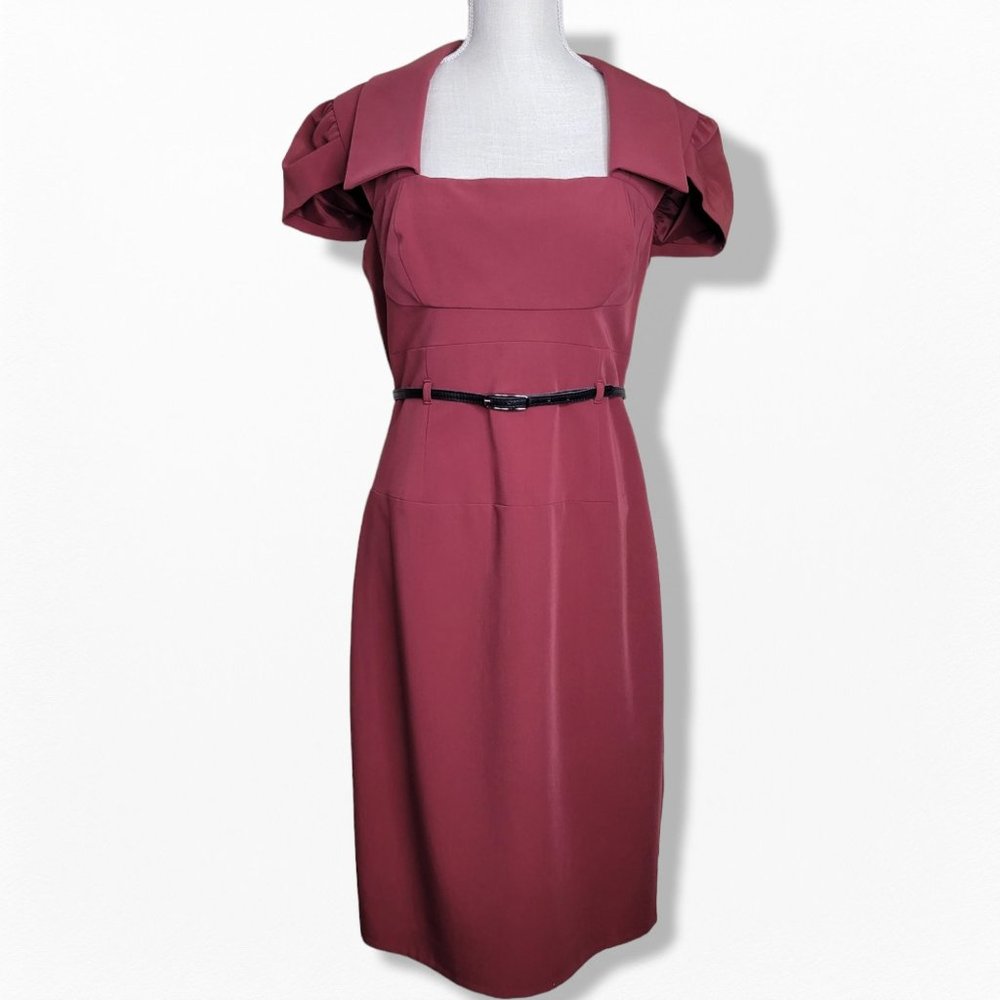 Black Halo size 10 Sheath Dress Square Neckline Collar Puff Sleeve Burgundy Red